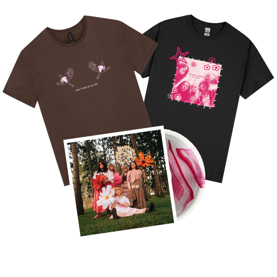 Worm Girlz LP Clear Vinyl with Red and Pink Flash & Worm Girlz Don't T-shirt & Worm Girlz The Album T-shirt Bundle **PRE-ORDER**